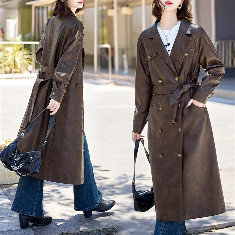 现货大女主媲美仿真皮韩版质感咖色皮风衣翻领中长款外套皮夹克，女装皮衣，江南女神