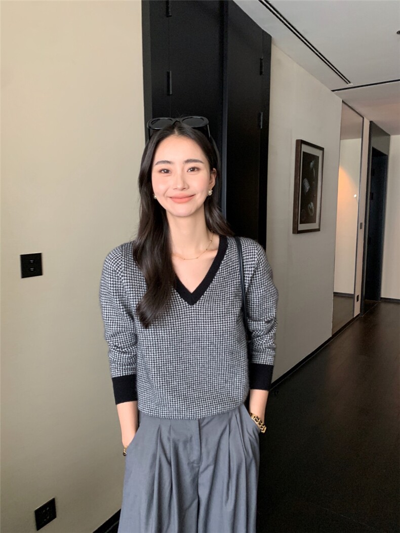 V领女秋冬复古设计感针织衫上衣百搭,针织衫/毛衣,玛卡隆羊绒