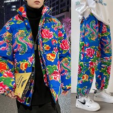 风东北情侣套装ins花棉衣外套牡丹花九分裤棉服套装网红H203图片
