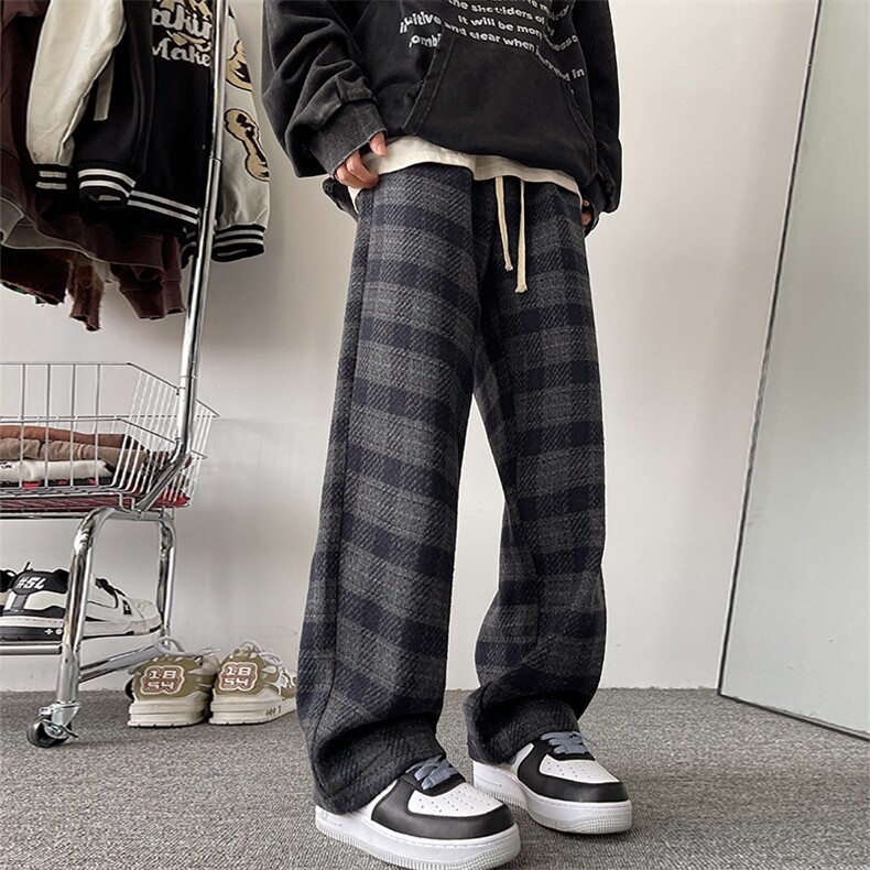 8XL-M 特大码加厚毛呢料格子休闲裤宽松男裤毛呢裤K946P60加绒P70图片