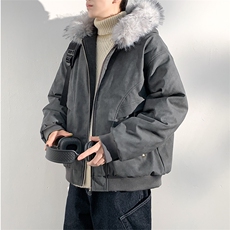 现货扎染PU皮棉服男冬季加厚连帽棉衣座山雕大毛领外套M090-P120，男装棉衣，星座308B-2