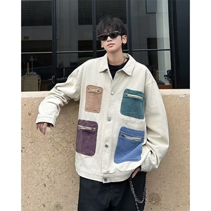 美式撞色拉链多口袋牛仔外套男宽松设计感工装夹克上衣W6310-P75图片