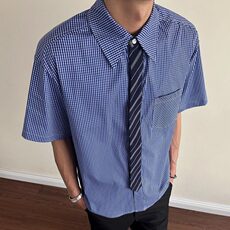 蓝色格纹假领带衬衫男女夏短袖美式衬衣情侣外套513DC1796P35，男装T恤，星座513