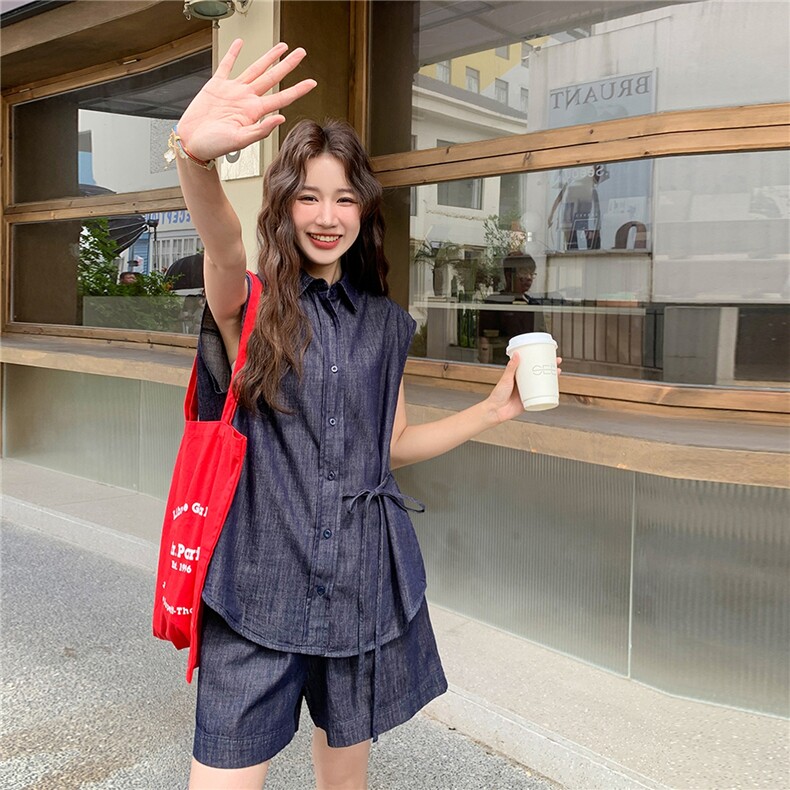 减龄牛仔衬衫短裤套装女夏2025新款小个子两件套超火绝美又酷又飒,女装套装/套裙,2C090