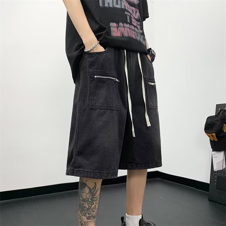 松紧腰牛仔短裤男夏季拉链设计感工装裤子直筒五分裤 D5152图片