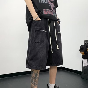 松紧腰牛仔短裤男夏季拉链设计感工装裤子直筒五分裤 D5152图片