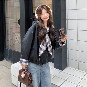 复古格子拼接连帽皮衣外套女2025秋新款设计感宽松短款机车服夹克图片