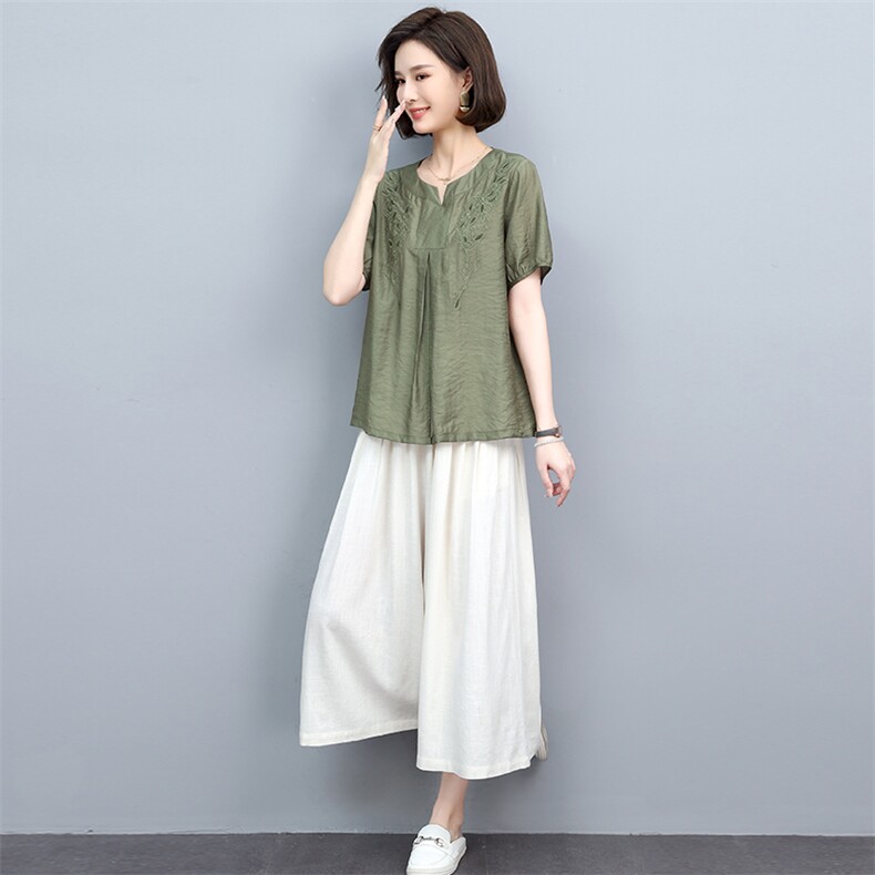 亚麻阔腿裤绣花套装女2022年新款夏季薄款中年妈妈两件套图片