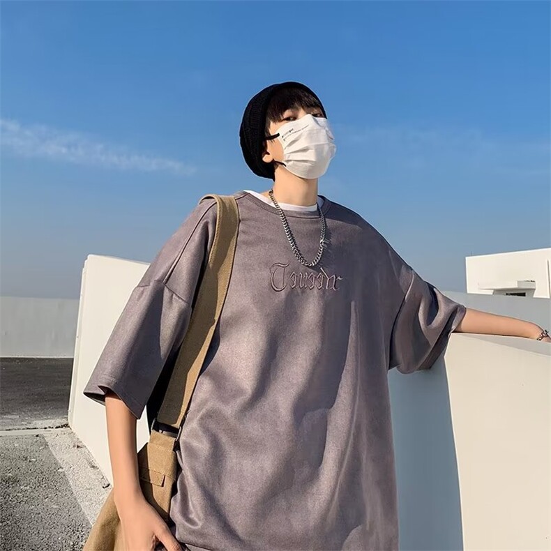 夏季新款宽松男五分袖短袖男潮牌港风刺绣圆领上衣服T012-P30图片