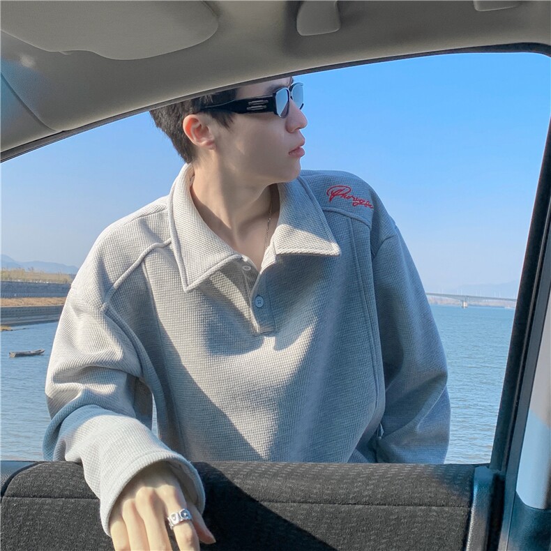 新款纯色华夫格翻领刺绣POLO衫，A061-AT01830-特P35-模特图，男装Polo衫，电商A061