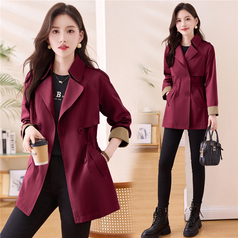 松弛感洋气减龄撞色袖子春秋宽松收腰显瘦简约纯色气质风衣外套，女装风衣，木橙西子