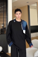 春季新款韩版牛仔拼接圆领长袖男卫衣潮流痞帅休闲套头上衣C175，男装T恤，电商A345