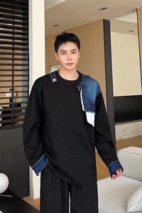 春季新款韩版牛仔拼接圆领长袖男卫衣潮流痞帅休闲套头上衣C175图片