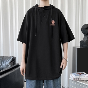 LD54237-P45 连帽短袖t恤男大码胖子带帽五分袖中袖图片