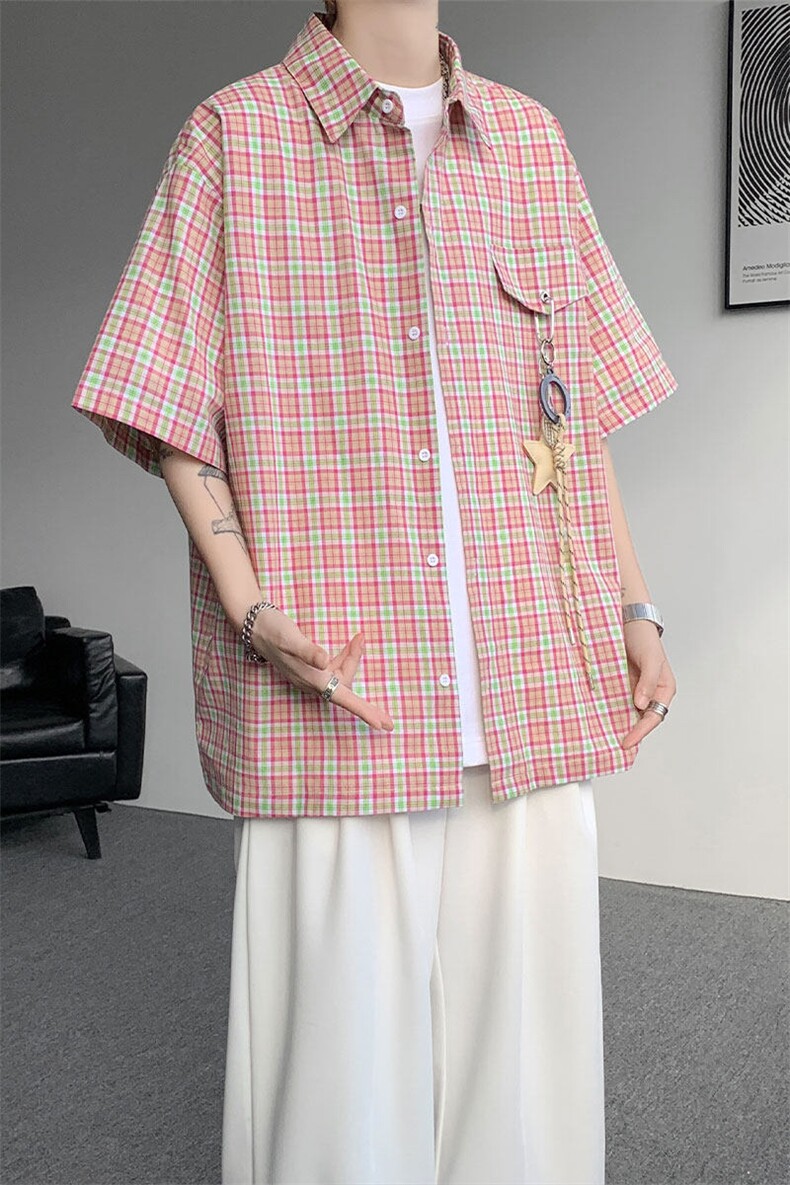 CS1151-特批40控78夏季新款男女格子短袖大码男衬衫（带配件）,男装T恤,电商A059