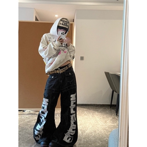 美式街头字母印花弯刀牛仔裤男女新款设计感小众解构风阔腿拖地裤图片