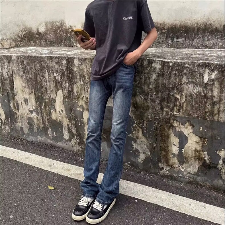 高街微喇牛仔裤男修身显瘦裤子窄版直筒长裤H2036 P45图片