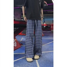 美式高街潮牌男女泡泡格子休闲裤直筒宽松慵懒显瘦阔腿休闲长裤子，男装休闲裤，电商A443