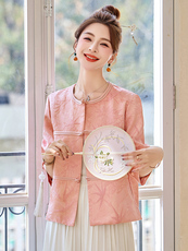 粉色新中式国风圆领短外套女2025春季新款小香风名媛气质提花上衣，女装短外套，沁沁公主