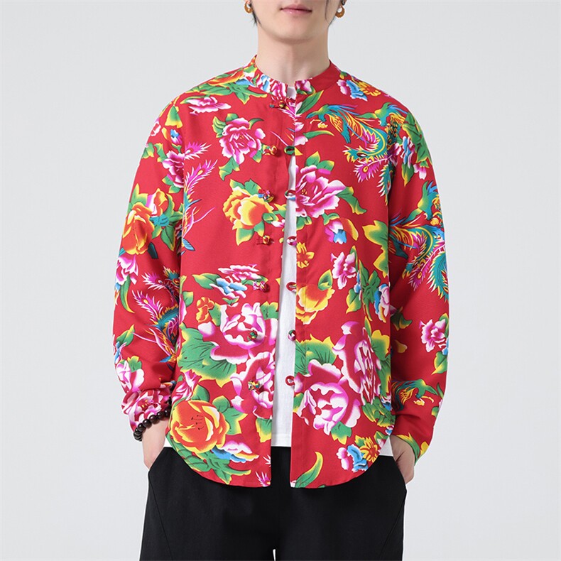 新中式春夏新品东北大花盘扣长袖衬衫风唐装31216,男装衬衫,星座305A（原312A-1）