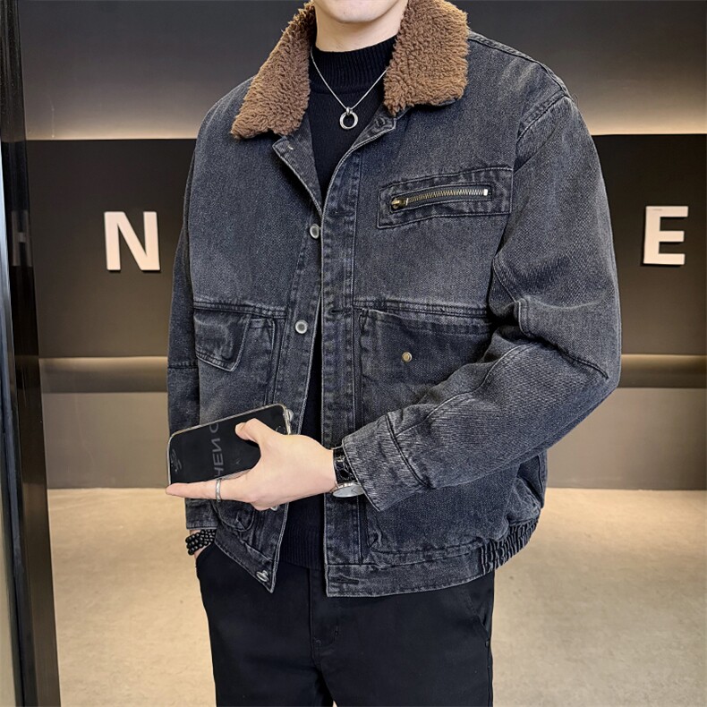 冬季新款夹克男加绒加厚羊羔毛领牛仔外套男上衣B317/J613/P165图片