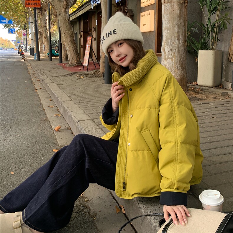 黄色韩系针织拼接羽绒服女2025冬季新款小个子宽松保暖白鸭绒外套,女装羽绒服,2B113
