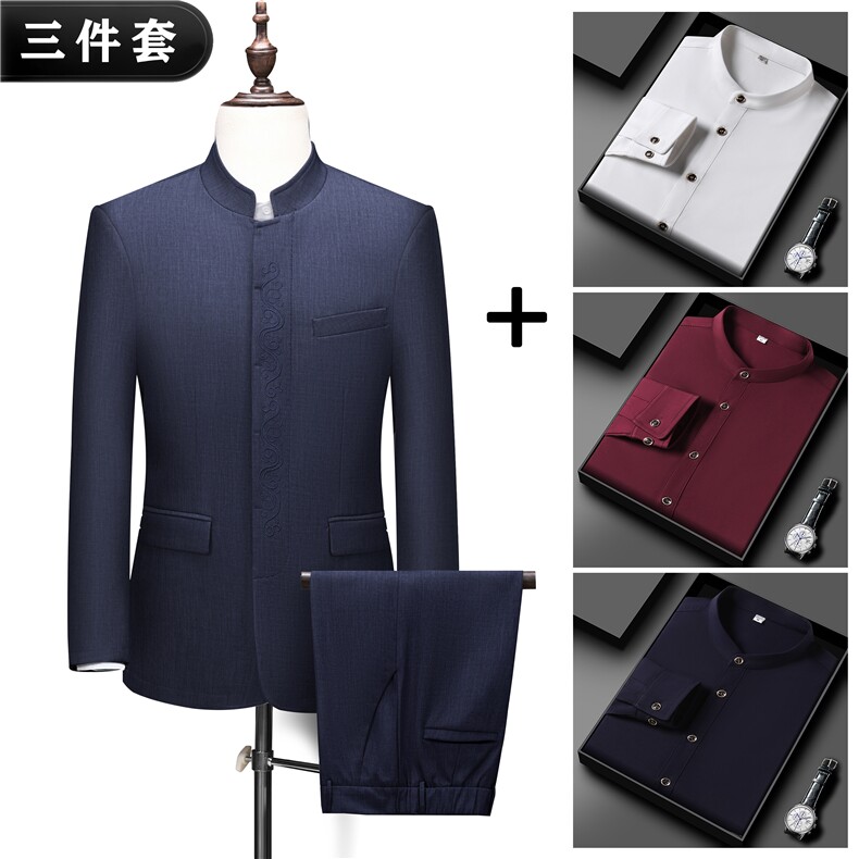 高端风中山装三件套西服男中老年风中式休闲西服唐装套装，男装西服，钱塘723