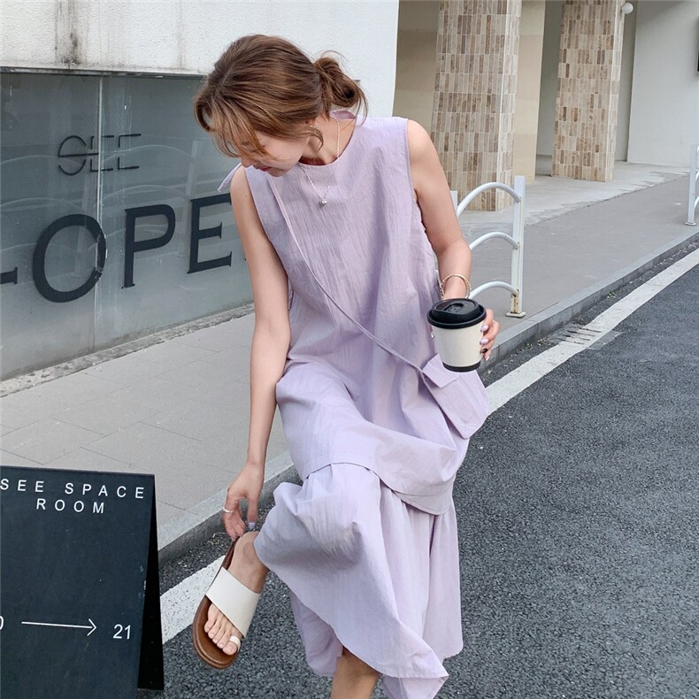 紫色假两件拼接无袖连衣裙女2025年夏季新款慵懒风减龄显瘦背心裙,女装连衣裙,2C213