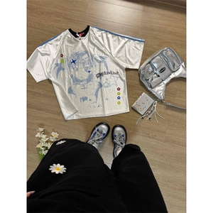 美式复古卡通少女球衣短袖T恤夏季宽松拼接休闲辣妹上衣TXB116图片