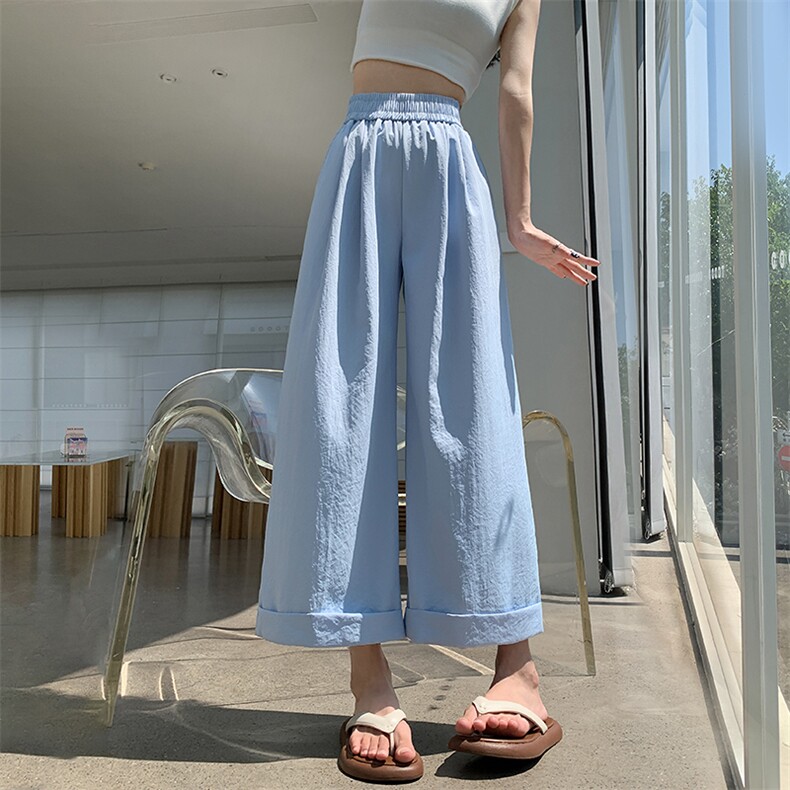 冰丝卷边九分阔腿裤女2024新款夏季百搭显瘦小个子高腰休闲裤,女装休闲裤,梦白服饰厂