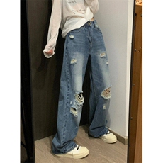 美式复古破洞牛仔裤男女夏季宽松阔腿设计感拖地长裤LB00288-P50，男装牛仔裤，星座1008