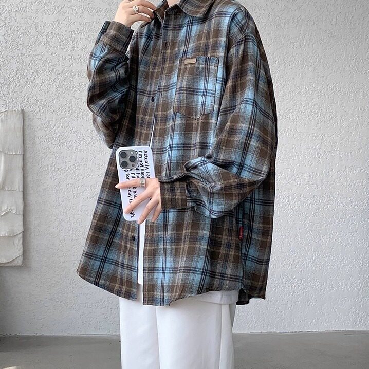 JY781-P35格子外套男春秋季青少年休闲宽松长袖衬衣,男装衬衫,星座1501-3