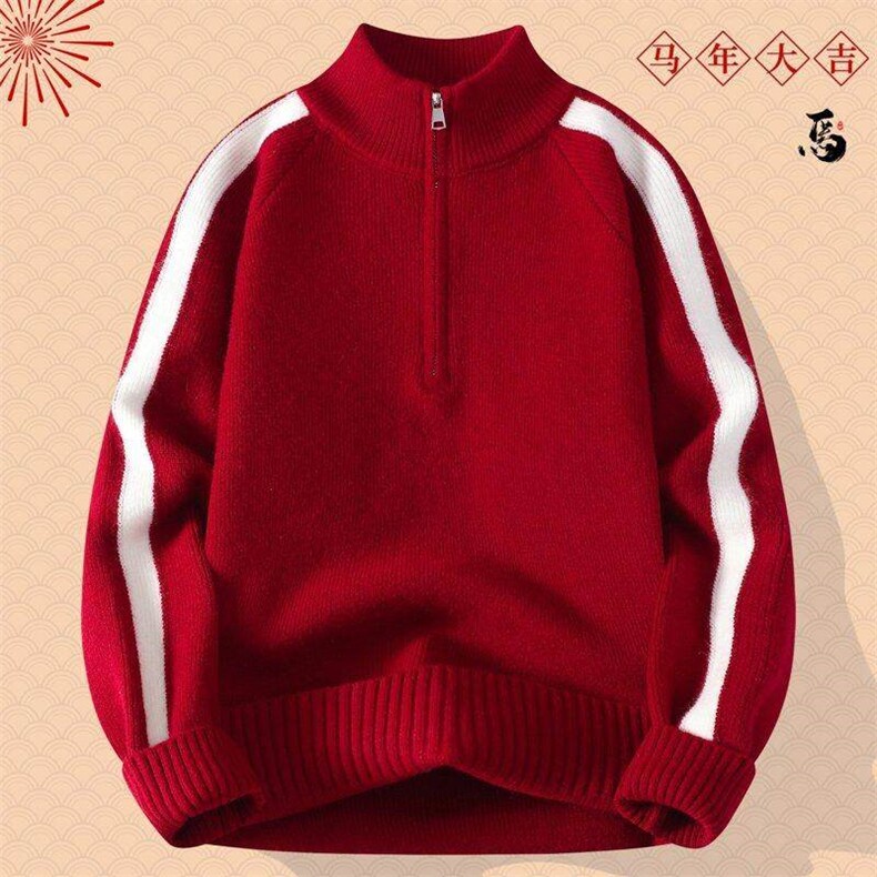 25737-P50圣诞毛衣男款冬季本命年针织衫马年过年穿搭红色打底衫,男装T恤,电商D310B