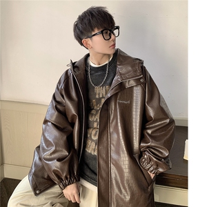1港风连帽鳄鱼纹PU皮大码M-5XL情侣女冲锋衣夹克男JK8744P90控128