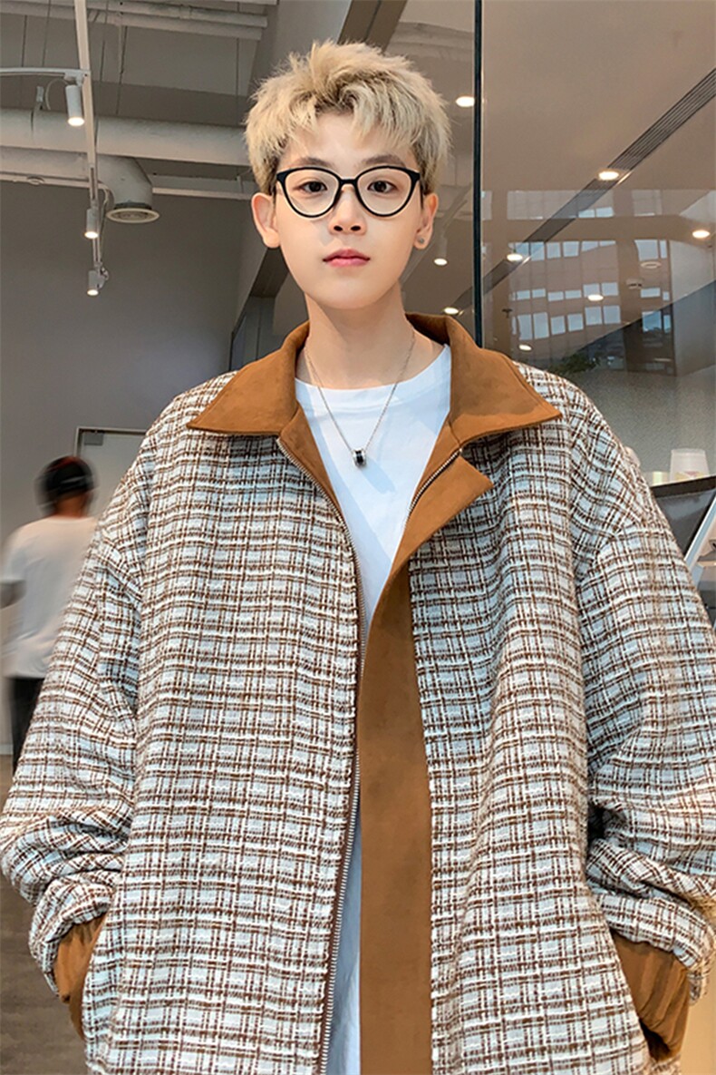 两面穿千鸟格外套男秋冬季加棉oversize潮牌小香风美式麂皮绒夹克,男装夹克,电商A022