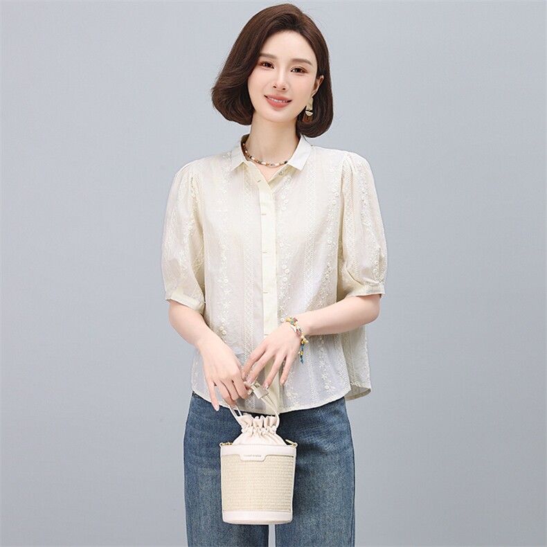 全棉衬衫女短袖夏季2025新款高级感轻奢减龄洋气小衫妈妈刺绣上衣,女装蕾丝衫/雪纺衫,多彩