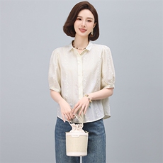 全棉衬衫女短袖夏季2025新款高级感轻奢减龄洋气小衫妈妈刺绣上衣，女装蕾丝衫/雪纺衫，多彩