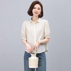 全棉衬衫女短袖夏季2025新款高级感轻奢减龄洋气小衫妈妈刺绣上衣图片