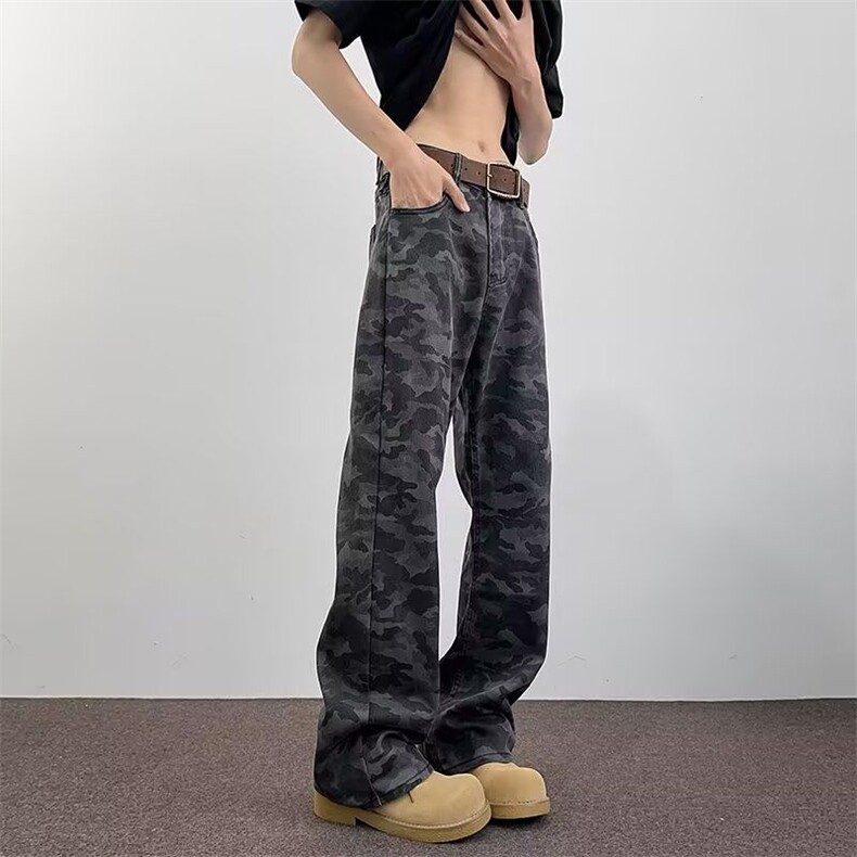 美式复古阔腿迷彩工装裤男女宽松直筒简约高街做旧设计感廓形长裤，男装牛仔裤，四季星座505