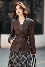 BAO款欧版气质大翻领显瘦超柔蛋白皮设计感系带短款PU皮风衣外套，女装皮衣，江南女神