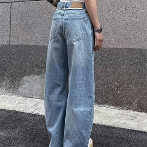 K7096-P50 大码复古水洗抽绳牛仔裤女秋季高腰显瘦直筒长裤图片