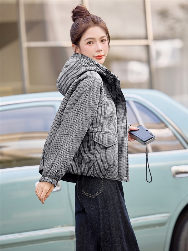 连帽格子棉衣女保暖休闲洋气棉服宽松减龄时尚夹棉外套,女装棉衣/棉服,余墨