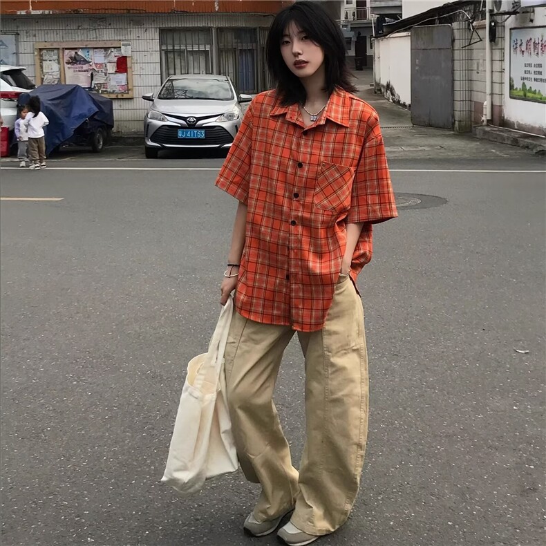 原宿简约日系日系复古格子衬衫女夏季多巴胺潮无品牌潮流ins新款,男装衬衫,星座506A