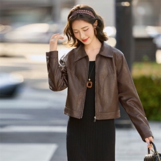 2025海宁秋款皮衣外套女长袖短外套女秋立体小翻领夹克上衣送丝巾，女装皮衣，跑量工厂店