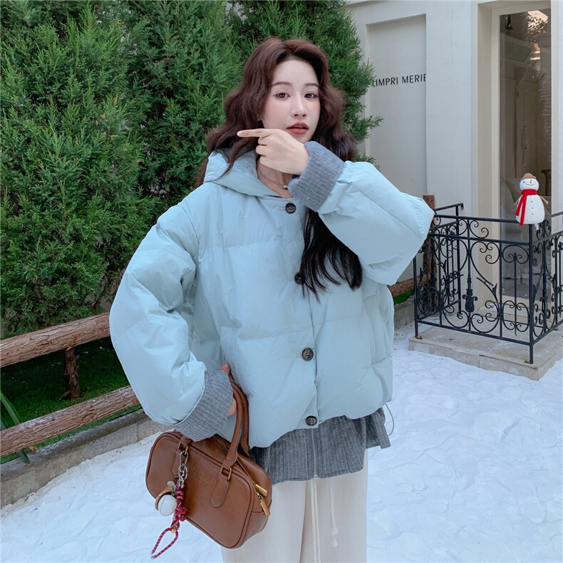 假两件蓝色连帽羽绒服女冬超火好看高级小众漂亮加厚面包服短外套,女装羽绒服,2C307