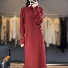 秋冬新款100羊绒衫女圆领连衣裙套头中长款宽松百搭针织羊毛毛衣，女装连衣裙，江南羊绒