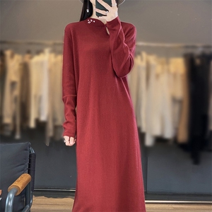 秋冬新款100羊绒衫女圆领连衣裙套头中长款宽松百搭针织羊毛毛衣