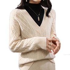 七针扭花加厚V领毛衣针织打底衫100羊毛衫24春秋冬套头上衣，女装羊毛衫，盛鼎羊绒