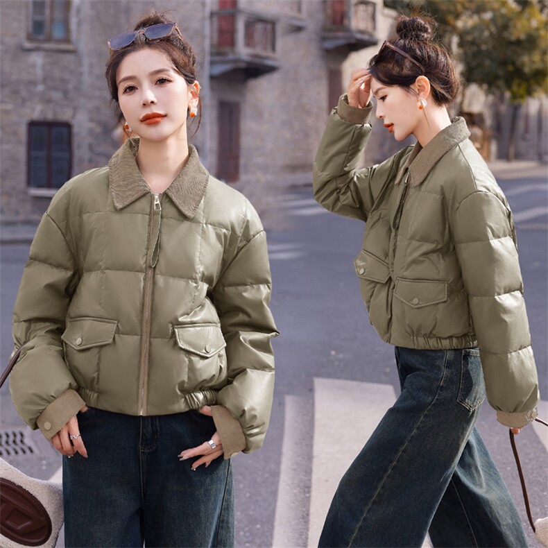 【现货现货】2024新款冬装羽绒服pu蛋白皮拼接灯芯绒短款90白鸭绒,女装羽绒服,雅静靓衣