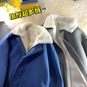克莱因蓝 呢料港风ins纯色加厚羊羔毛短款保暖棉衣 A071-089-P125图片